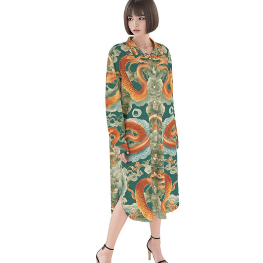 PGP Holiday Women's Rayon Long Shirt Dress | Jade Fortune Green & Aqua | Health, Wealth & Abundance