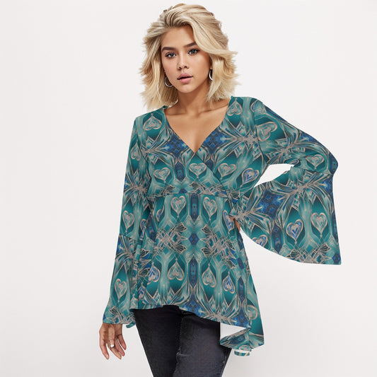 PGP Holiday Eros Époque V-neck Flared Sleeve Blouse – Aqua Teal & Gold Art Deco| Effortless Elegance