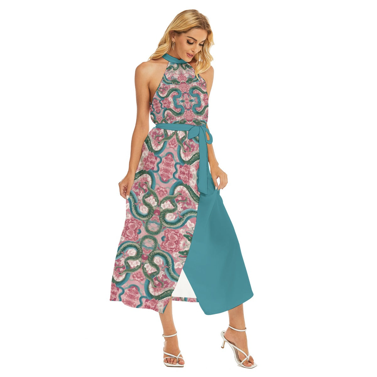 PGP Holiday Wrap Hem Halter Dress | Lunar Garden Blush, Sky & Moon | Renewal, Simplicity & Balance