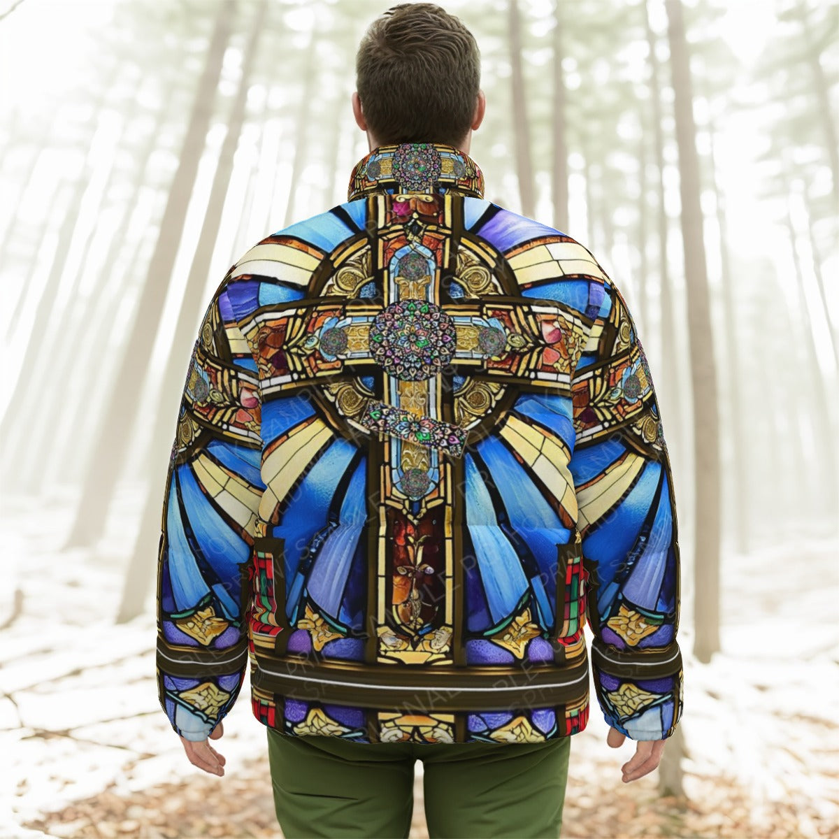 Orthodox Three-Wood Cross Stained Glass Stand-Up Collar Down Jacket – Windproof, Lightweight & Warm
