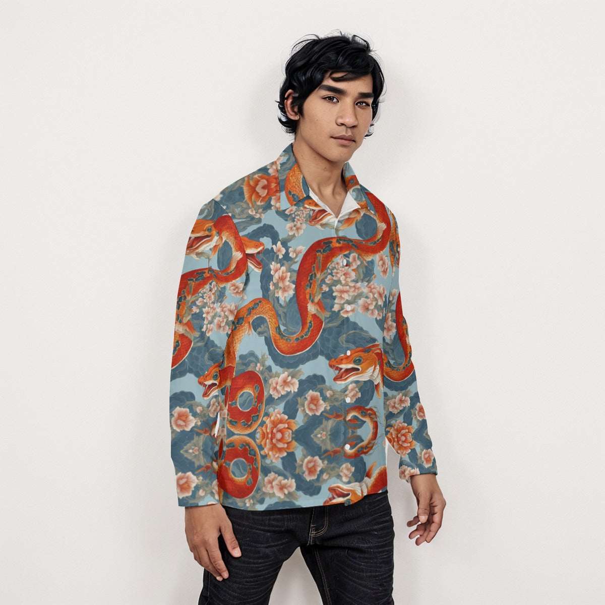 PGP Holiday Men's Long Sleeve Shirt | Blossom Serpent Orange & Blue | Prosperity & Growth