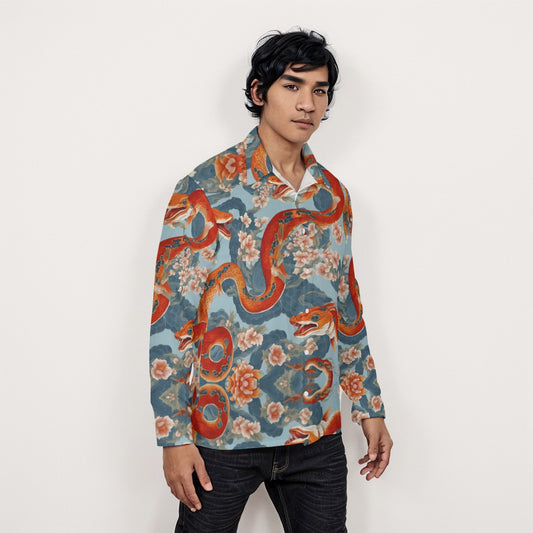 PGP Holiday Men's Long Sleeve Shirt | Blossom Serpent Orange & Blue | Prosperity & Growth