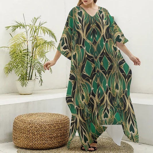 PGP Holiday Eros Époque Silky V-neck Kaftan – Emerald & Gold Art Deco Cruise & Resort Wear