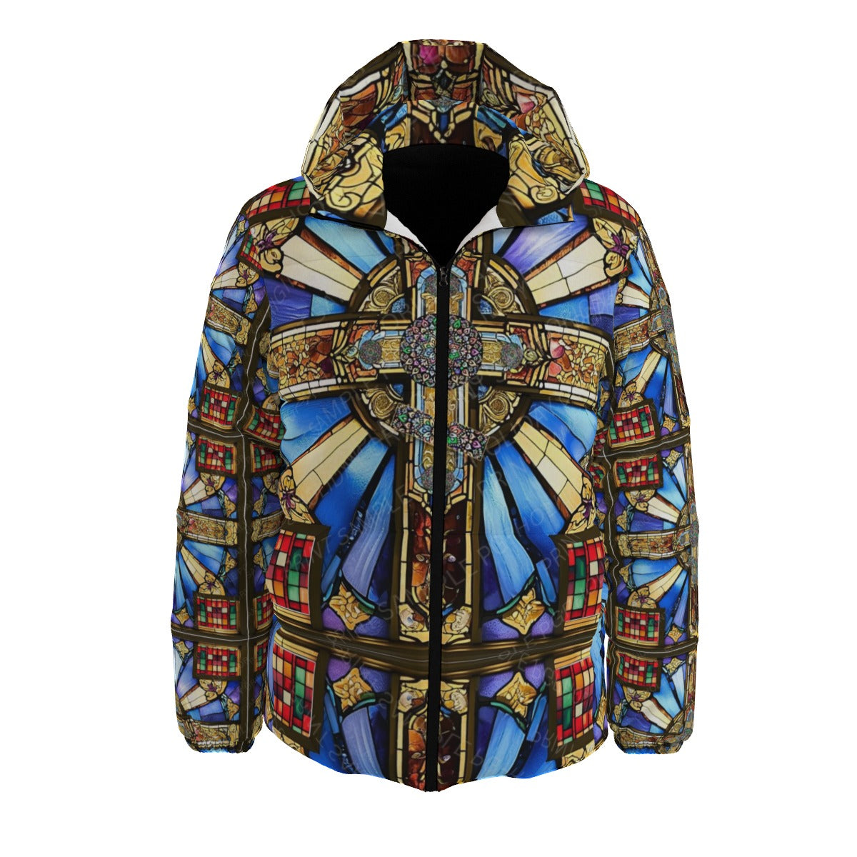 Orthodox Three-Wood Cross Stained Glass Hooded Unisex Down Jacket – Windproof, Warm & Stylish