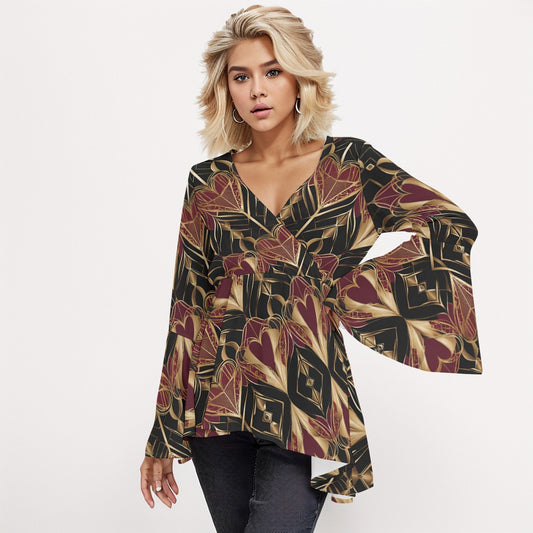 PGP Holiday Eros Époque V-neck Flared Sleeve Blouse – Crimson & Gold Art Deco| Bold & Timeless Style