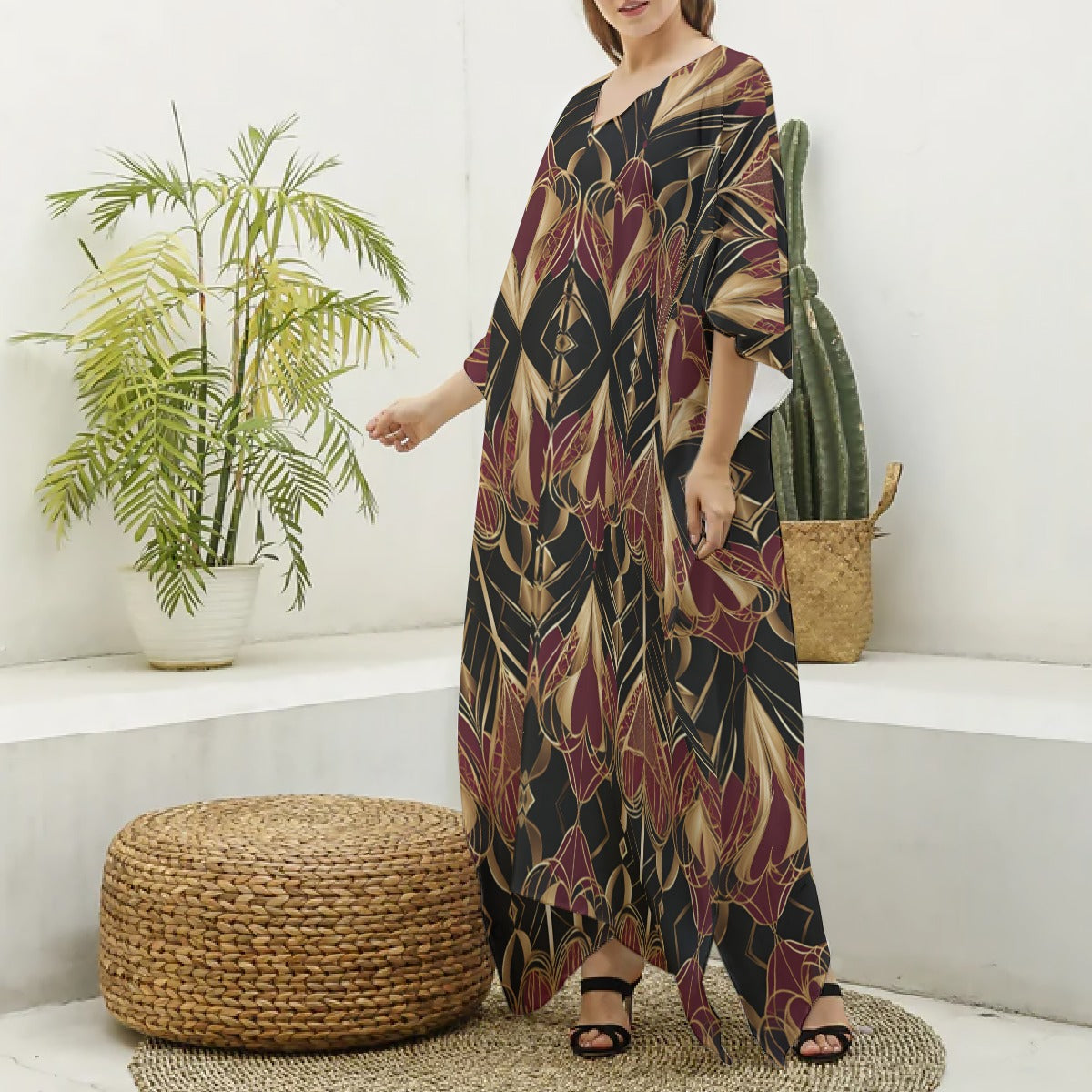PGP Holiday Eros Époque Silky V-neck Kaftan – Crimson & Gold Art Deco | Valentine's Day Glam