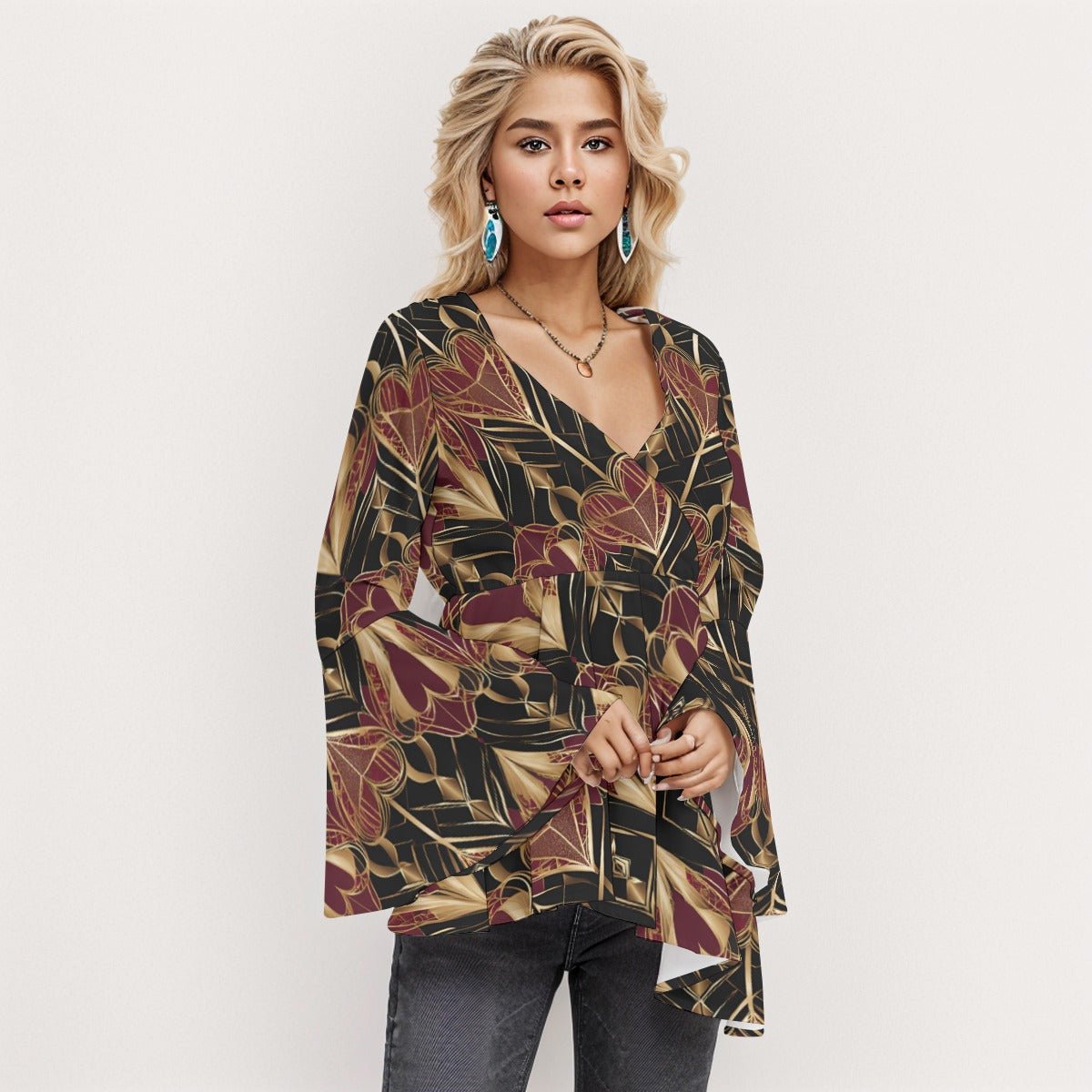 PGP Holiday Eros Époque V-neck Flared Sleeve Blouse – Crimson & Gold Art Deco| Bold & Timeless Style