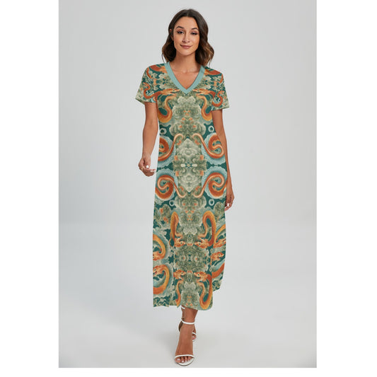 PGP Holiday Women's Rayon Long Shirt Dress | Jade Fortune Green & Aqua | Health, Wealth & Abundance