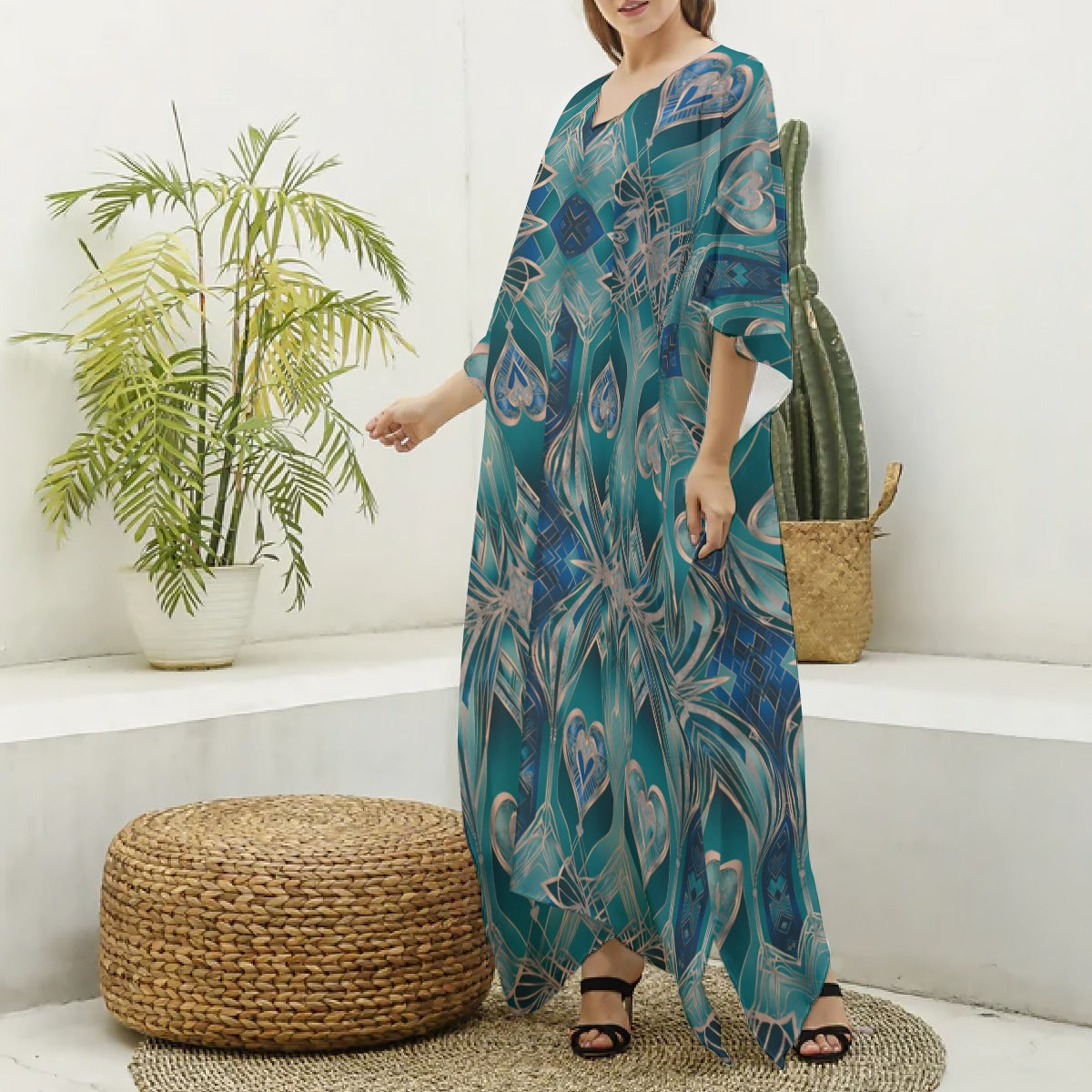 PGP Holiday Eros Époque Silky V-neck Kaftan – Aqua Teal & Gold Art Deco Cruise & Resort Wear
