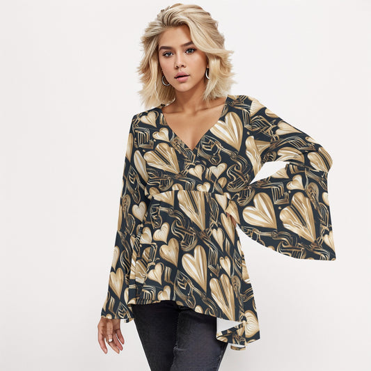PGP Holiday Eros Époque V-neck Flared Sleeve Blouse –Black & Gold Art Deco Effortless Sophistication