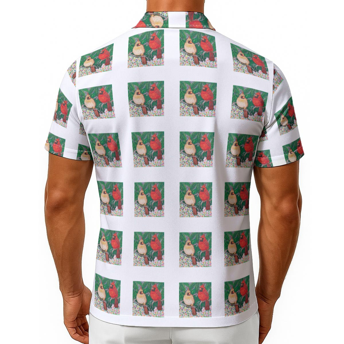 Margeaux Love in Bloom Cardinal Print Men’s Hawaiian Shirt – Lightweight Button-Up Resort Shirt