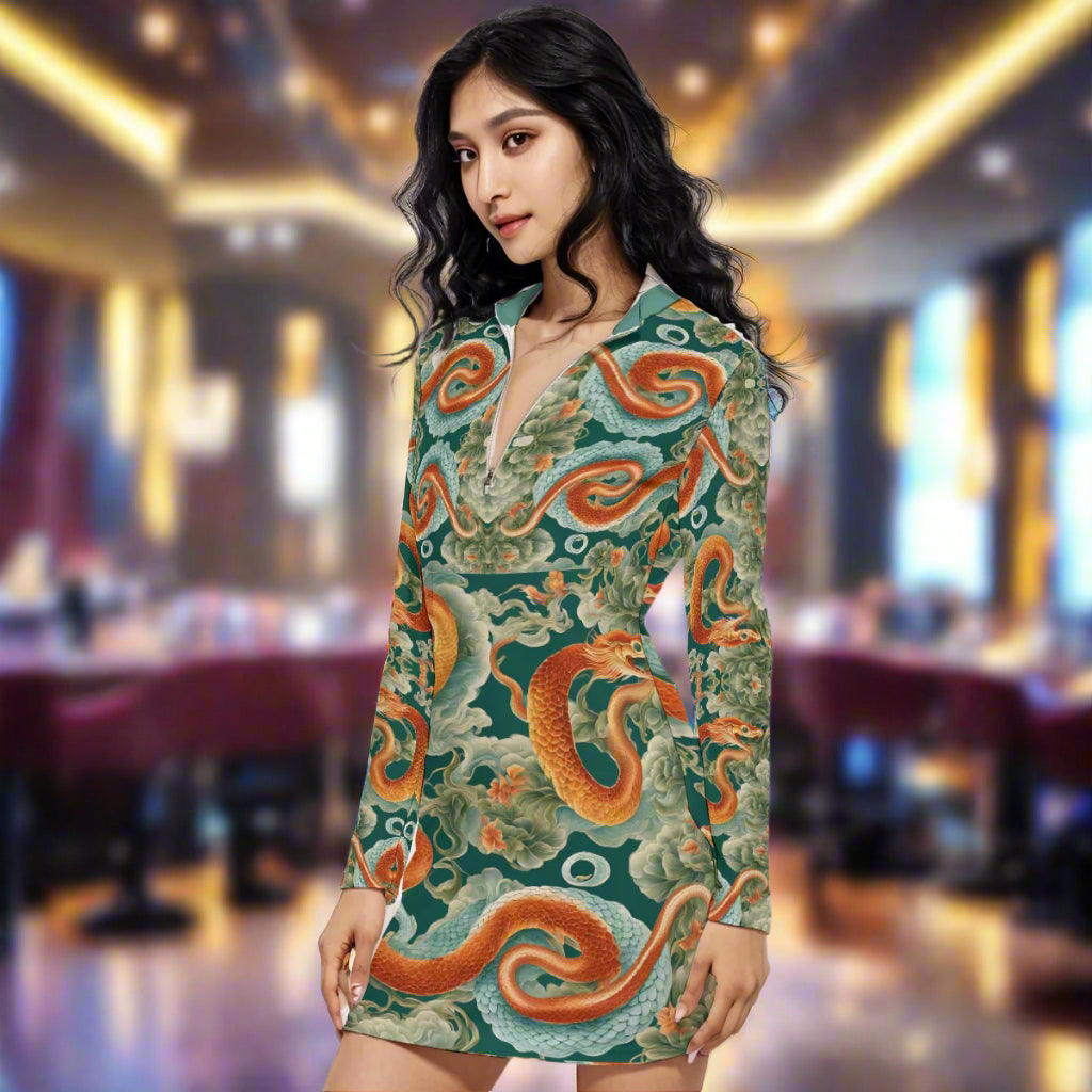 PGP Holiday Women's Zip Front Contour Dress | Jade Fortune Green & Aqua | Health, Wealth & Abundance
