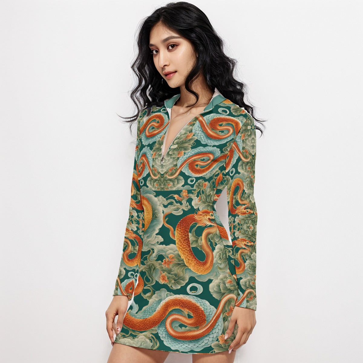 PGP Holiday Women's Zip Front Contour Dress | Jade Fortune Green & Aqua | Health, Wealth & Abundance