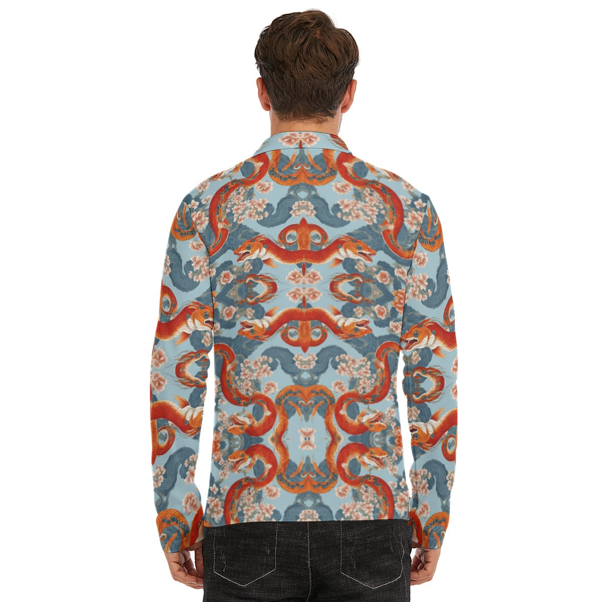 PGP Holiday Men's Lapel T-shirt with Neckline Zipper Closure | Blossom Serpent Orange & Blue | Prosp