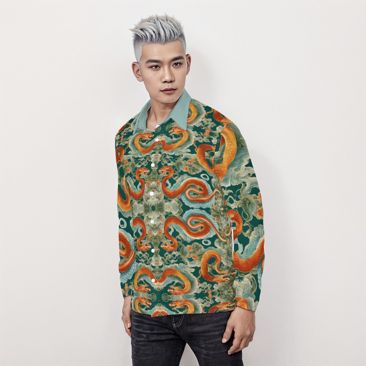 PGP Holiday Men's Long Sleeve Shirt | Jade Fortune Green & Aqua | Health, Wealth & Abundance