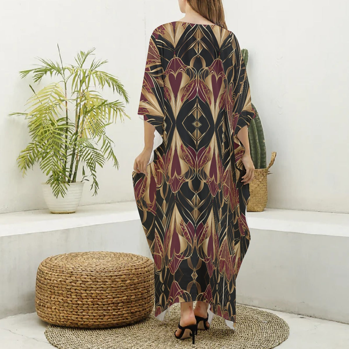 PGP Holiday Eros Époque Silky V-neck Kaftan – Crimson & Gold Art Deco | Valentine's Day Glam