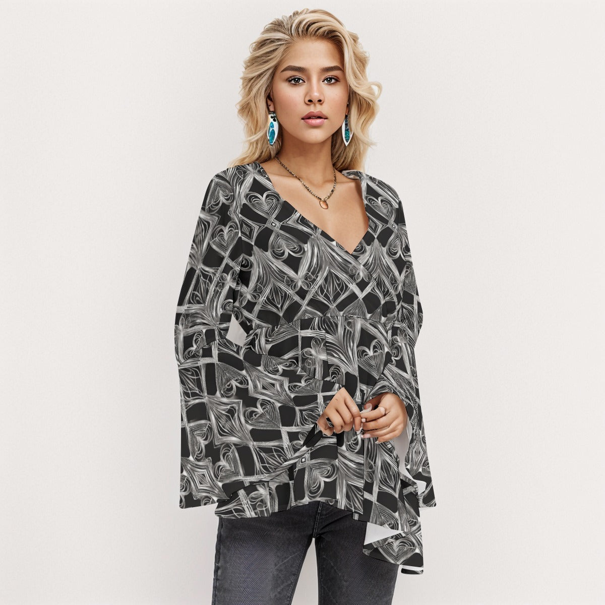 PGP Holiday Eros Époque V-neck Flared Sleeve Blouse – Silver & Black Art Deco | Timeless Glamour