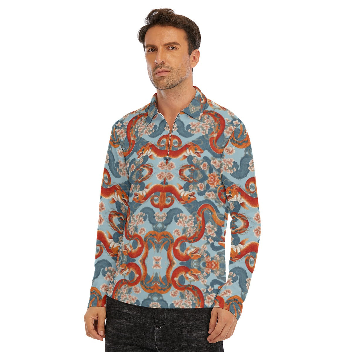 PGP Holiday Men's Lapel T-shirt with Neckline Zipper Closure | Blossom Serpent Orange & Blue | Prosp