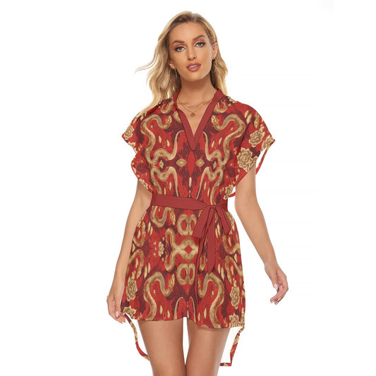 PGP Holiday Golden Serpent Stand-up Collar Casual Dress with Belt | Lunar New Year Chic