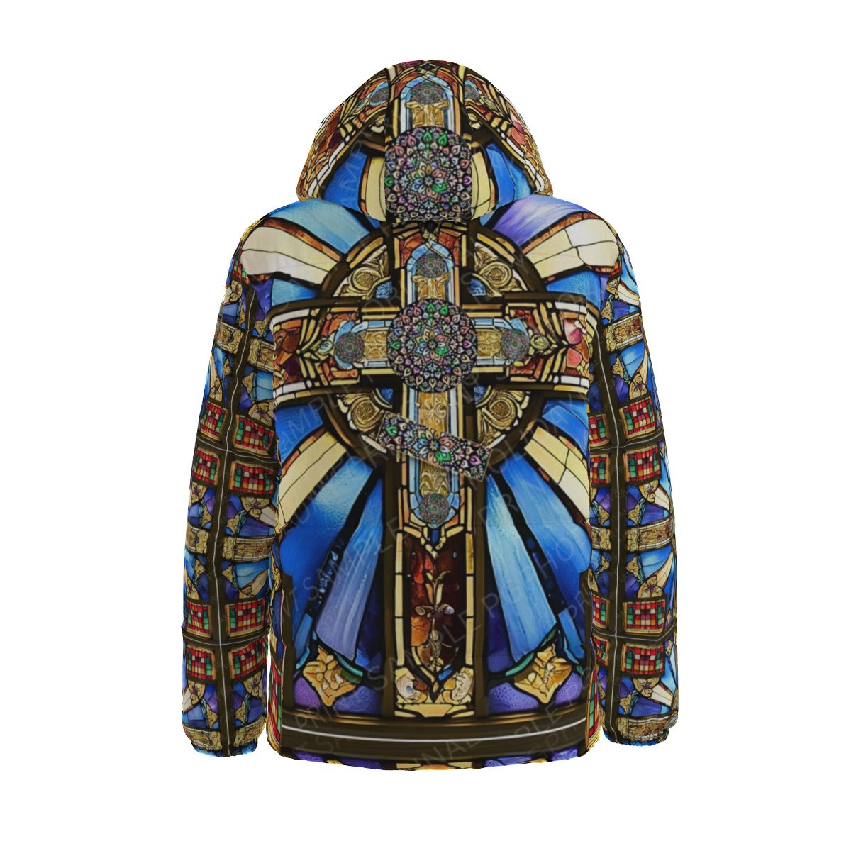 Orthodox Three-Wood Cross Stained Glass Hooded Unisex Down Jacket – Windproof, Warm & Stylish