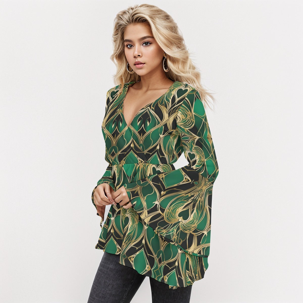 PGP Holiday Eros Époque V-neck Flared Sleeve Blouse – Emerald & Gold Art Deco | Elegant & Chic