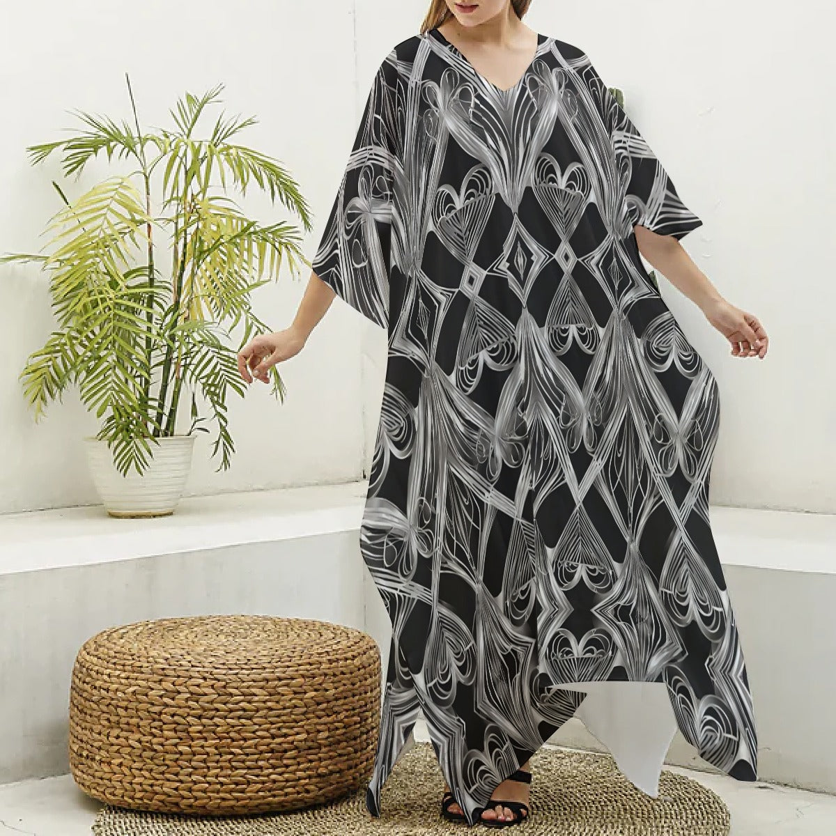 PGP Holiday Eros Époque Silky V-neck Kaftan Robe – Silver & Black Art Deco | Chic Valentine's Look