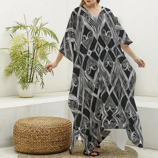 PGP Holiday Eros Époque Silky V-neck Kaftan Robe – Silver & Black Art Deco | Chic Valentine's Look