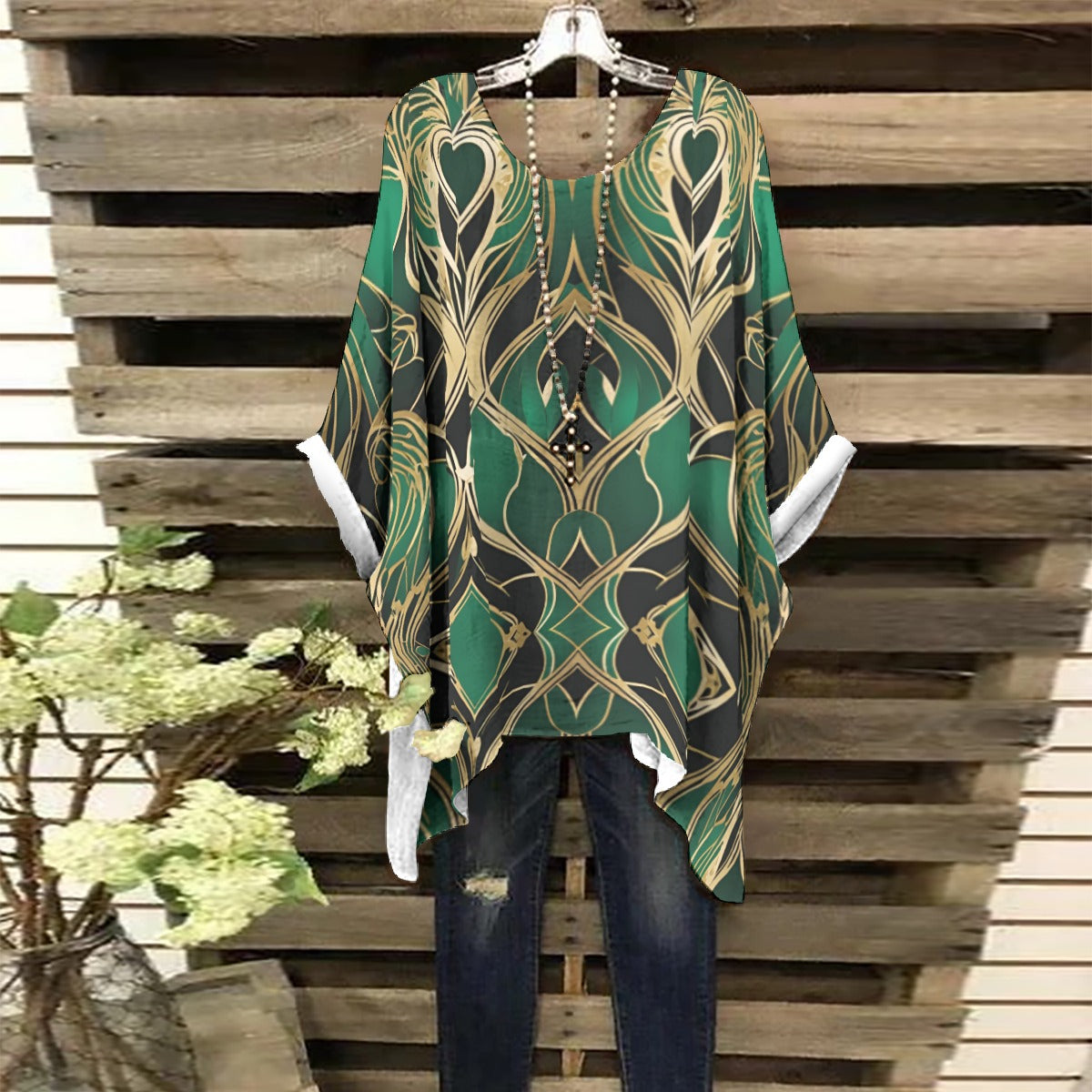 PGP Holiday Eros Époque Shawl Shirt - Emerald & Gold Art Deco Design