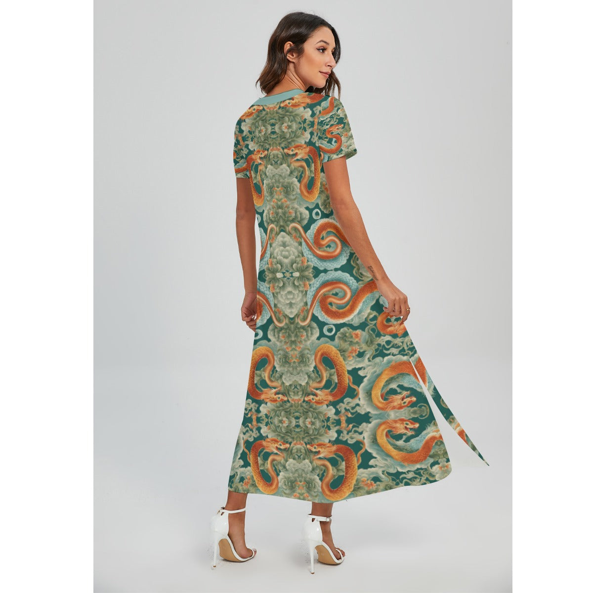 PGP Holiday Women's Rayon Long Shirt Dress | Jade Fortune Green & Aqua | Health, Wealth & Abundance