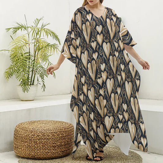PGP Holiday Eros Époque Silky V-neck Kaftan – Black & Gold Art Deco | Timeless Valentine's Style