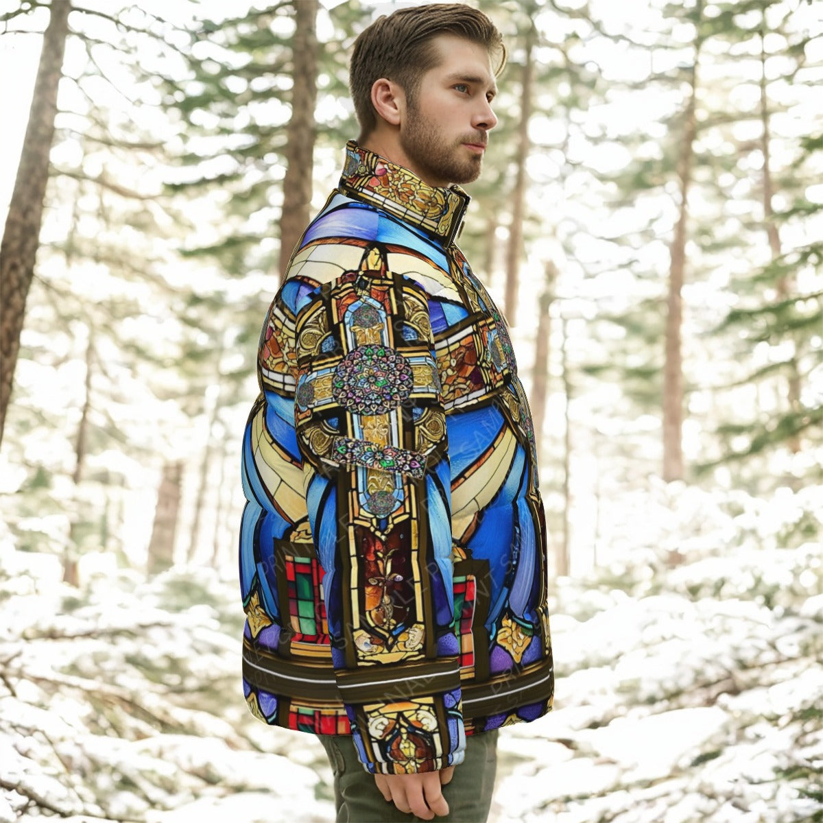 Orthodox Three-Wood Cross Stained Glass Stand-Up Collar Down Jacket – Windproof, Lightweight & Warm
