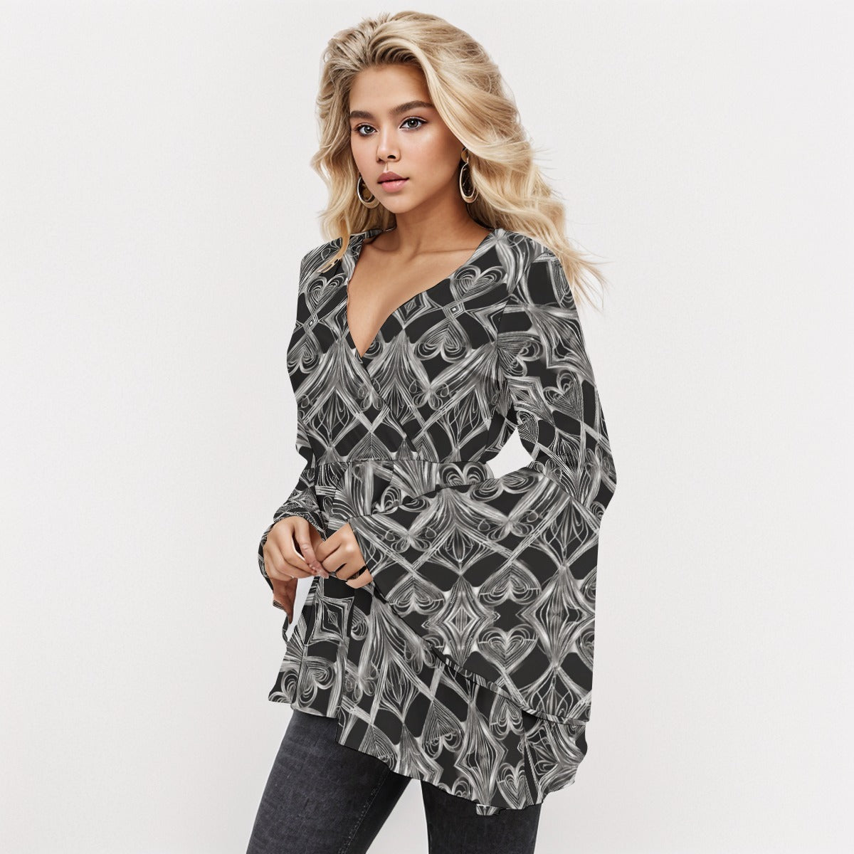 PGP Holiday Eros Époque V-neck Flared Sleeve Blouse – Silver & Black Art Deco | Timeless Glamour