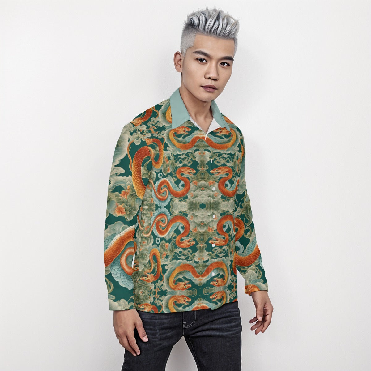 PGP Holiday Men's Long Sleeve Shirt | Jade Fortune Green & Aqua | Health, Wealth & Abundance