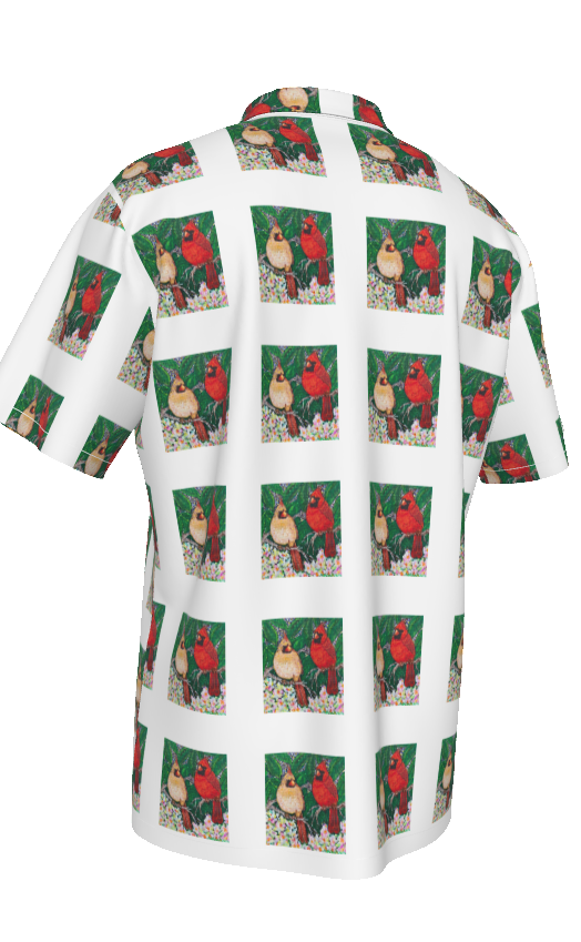 Margeaux Love in Bloom Cardinal Print Men’s Hawaiian Shirt – Lightweight Button-Up Resort Shirt