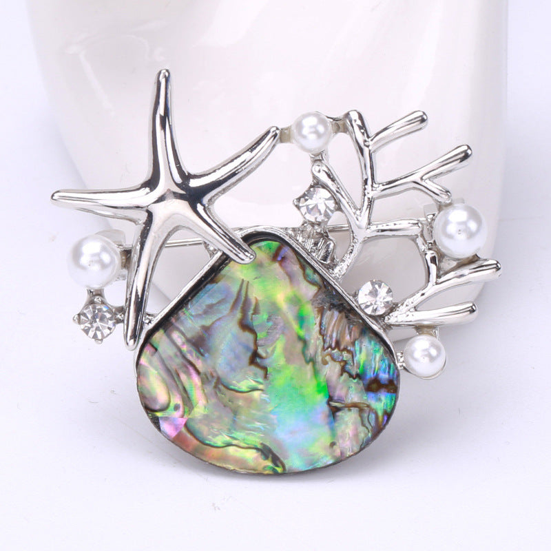Abalone Shell Scallop Starfish Brooch – Elegant Ocean-Inspired Pin with Pearl Detail | 39x36mm