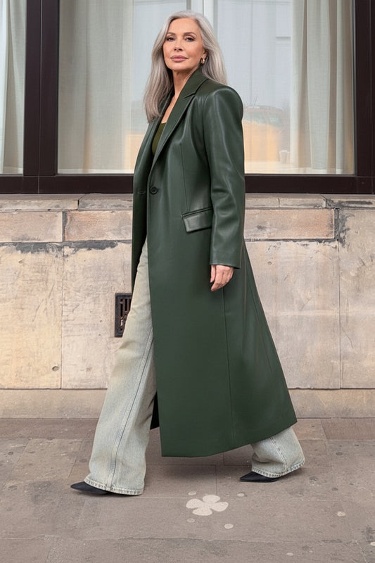 Olive Leather-Effect Maxi Trench — Structured Shoulders | Whisper of Éire