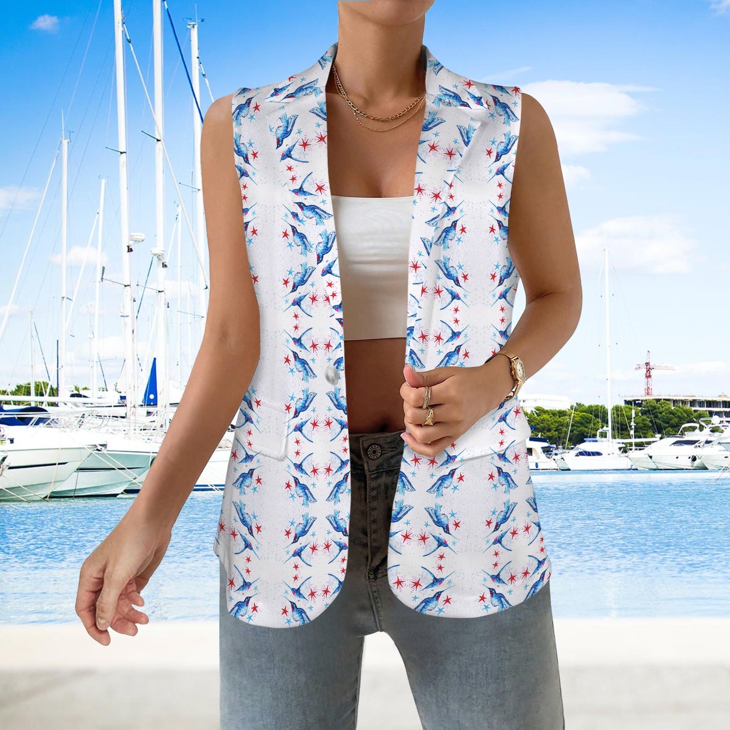 PGP Holiday | Rochelle Festive Flight Women’s Sleeveless Blazer – Polished Power with a Casual Vibe