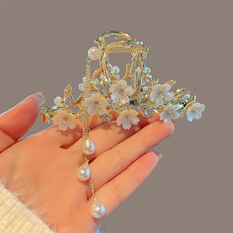 Pearl Bell Orchid Tassel Hair Clip – Diamond-Inlaid Mermaidcore Grip Clip | 11.5cm Elegant Floral Design
