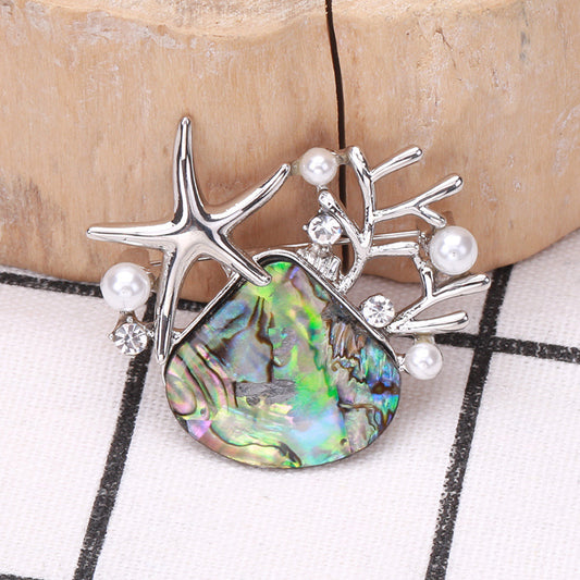 Abalone Shell Scallop Starfish Brooch – Elegant Ocean-Inspired Pin with Pearl Detail | 39x36mm