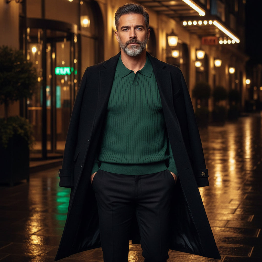 PGP Holiday Whisper of Éire — Men’s Ribbed Knit Polo Sweater, Long Sleeve