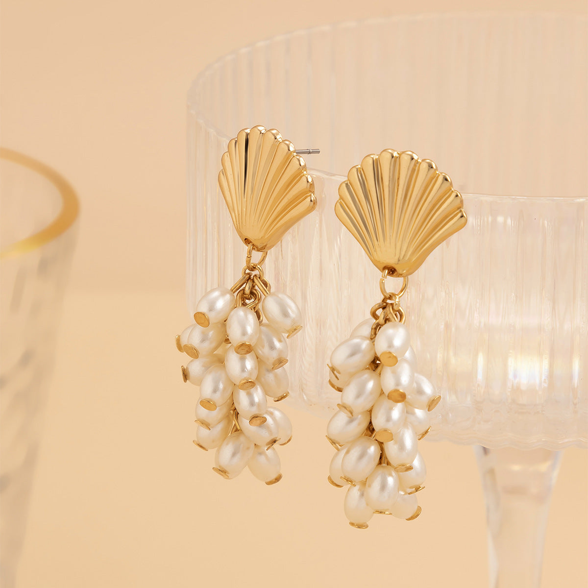 Water Drop Pearl Tassel Earrings – Long Scallop Design, Gold Alloy | Mermaidcore Elegance