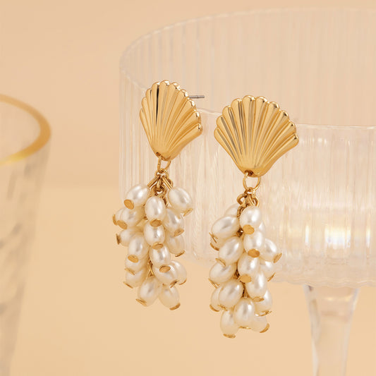 Water Drop Pearl Tassel Earrings – Long Scallop Design, Gold Alloy | Mermaidcore Elegance