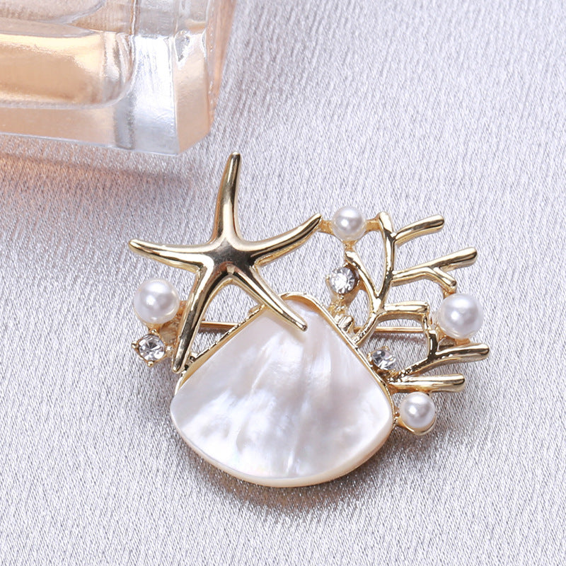 Abalone Shell Scallop Starfish Brooch – Elegant Ocean-Inspired Pin with Pearl Detail | 39x36mm