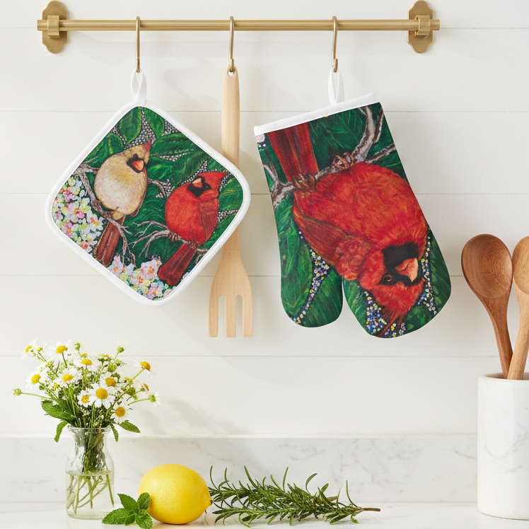Margeaux Love in Bloom Cardinal Heat Resistant Oven Mitt and Pot Holder Set