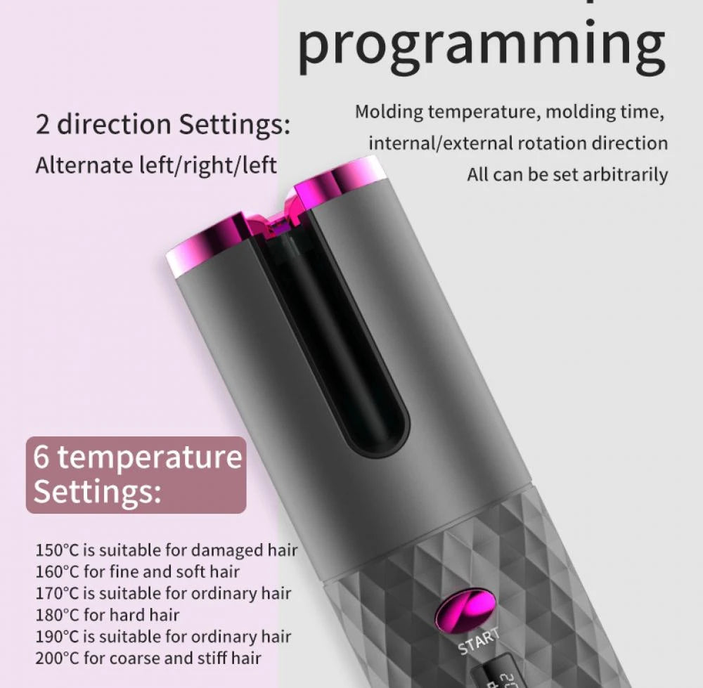 Automatic Wireless Hair Curler Cordless Rotating USB Rechargeable Curling Iron Display Temperature Adjustable Timing Hair Curler