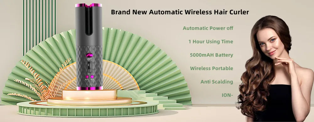Automatic Wireless Hair Curler Cordless Rotating USB Rechargeable Curling Iron Display Temperature Adjustable Timing Hair Curler