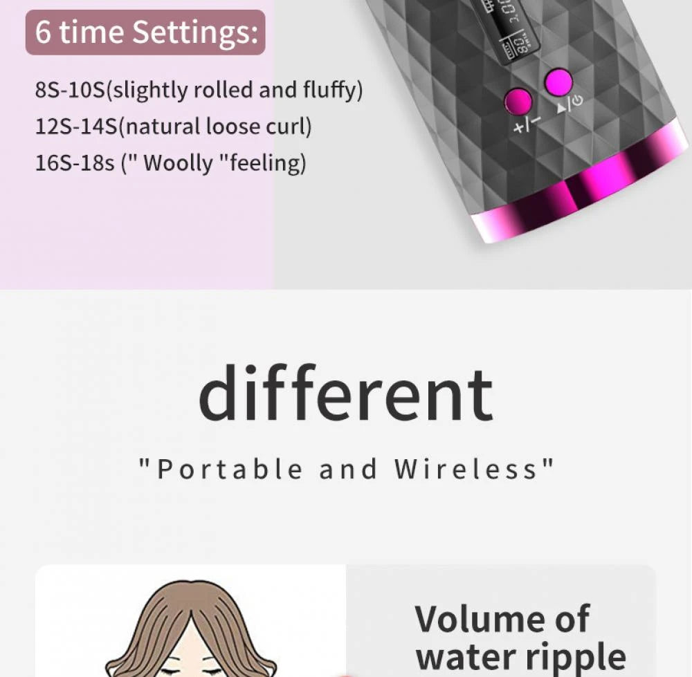 Automatic Wireless Hair Curler Cordless Rotating USB Rechargeable Curling Iron Display Temperature Adjustable Timing Hair Curler