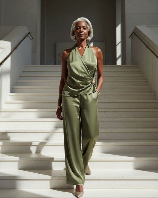 Olive Day to Evening-Ready Two-Piece Set – Surplice Top & Pants | Whisper of Éire