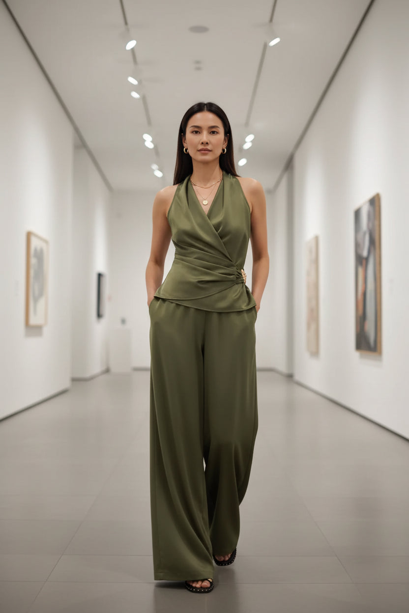 Olive Day to Evening-Ready Two-Piece Set – Surplice Top & Pants | Whisper of Éire