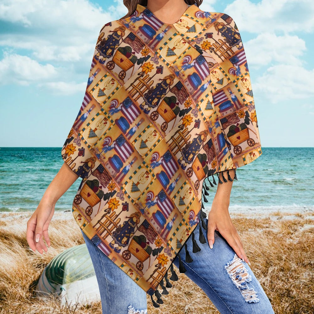 Suzanne Independence Day Knitted Poncho with Fringed Edge – Cozy & Chic by PGP Holiday